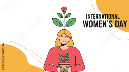 Illustration of a woman with a plant growing from her head and holding a potted plant, celebrating International Women's Day with themes of growth and empowerment.