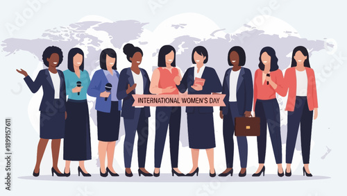 Diverse group of professional women celebrating International Women's Day with a world map background.