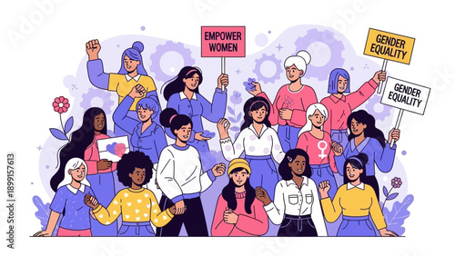Diverse group of women advocating for gender equality and women's empowerment, holding protest signs and demonstrating unity.