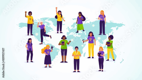Diverse group of women from around the world standing together on a global map, representing unity, empowerment, and international women's rights.