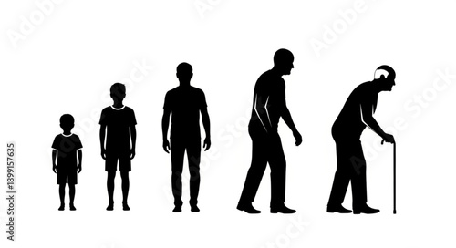 Human life cycle stages from childhood to old age silhouette.