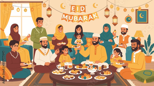 A large Muslim family celebrates Eid Mubarak, gathered around a table filled with festive food and drinks in a decorated living room.