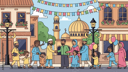 An illustration of a diverse community celebrating a festive occasion on a lively street with a mosque in the background, featuring families, colorful decorations, and friendly interactions.