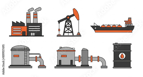 Oil industry equipment and facilities collection flat illustration.