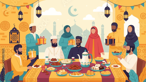 A vibrant illustration of a diverse Muslim community celebrating an Islamic festival, sharing a festive meal, exchanging gifts