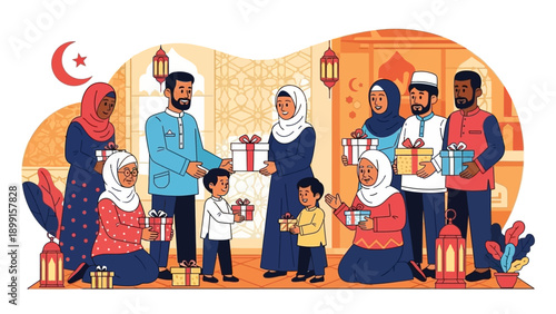 A diverse Muslim family celebrating a festive occasion, exchanging gifts and enjoying togetherness with traditional Islamic decorations.