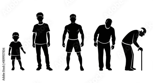 Human life cycle stages from childhood to old age silhouettes.