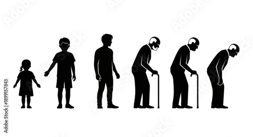 Human life cycle stages from childhood to old age silhouettes.