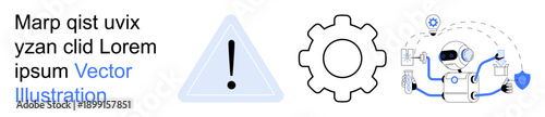 Technology, automation, cybersecurity, AI, systems maintenance, troubleshooting. Warning sign, gear icon and robot with security concept. Technology and automation