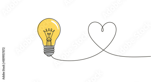 Minimalist Line Art Illustration of Light Bulb Connected to Heart