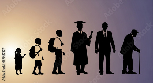 Human life cycle stages from childhood to old age silhouette progression.