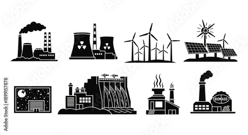 Collection of industrial power plant icons and symbols.