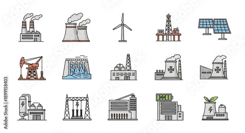 Collection of Industrial Factory and Energy Production Icons.