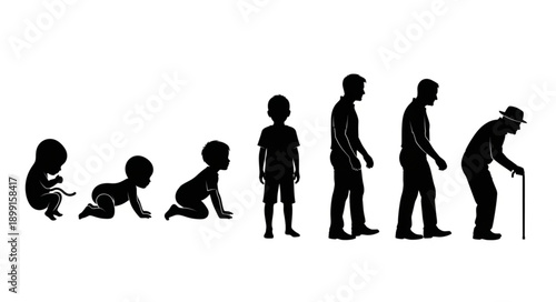 Human life cycle stages from birth to old age silhouettes.