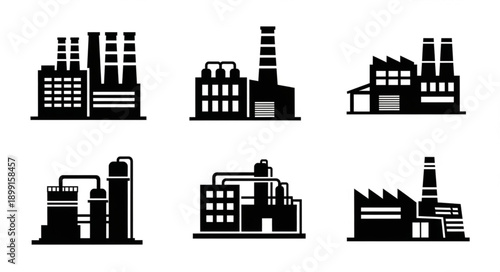 Industrial Factory Silhouettes Collection Vector Illustration.