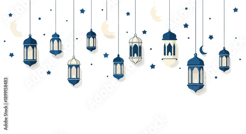 Flat lay of blue hanging lanterns with stars and crescent moons on white background.
