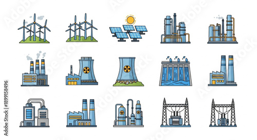 Collection of Industrial Power Generation Facilities Icons.