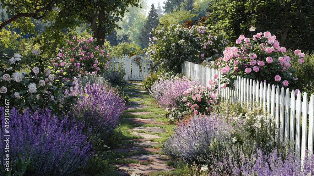 Obraz premium A beautiful garden path with lush plants, colorful flowers, and a white fence, creating a picturesque scene. The path leads the viewer into the enchanting garden.