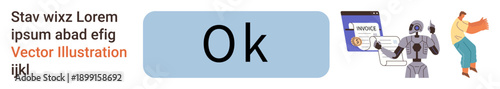 Financial automation, AI technology, data processing, accounting solutions, digital invoicing, workflow management. Robot interacting with an invoice and a person handling financial tasks. Financial