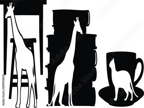 Black and white graphic illustration featuring giraffes books and a cat in a teacup