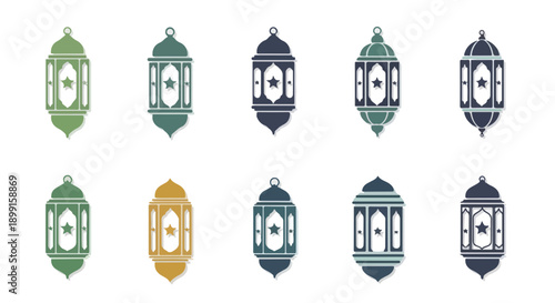 Flat lay of colorful lantern icons in various shades of green, blue, and yellow on a white background.
