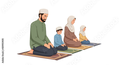 Illustration of a Muslim family praying together on colorful mats in a serene and peaceful atmosphere.