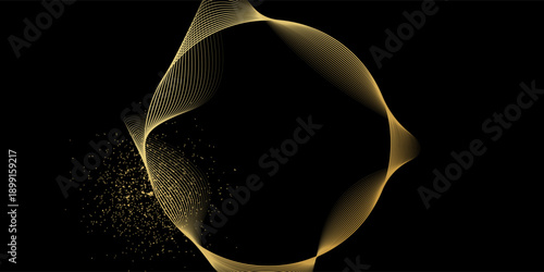 Abstract circle wave lines, gradient light equalizer gold wavy curve. Round frame in luxury golden color isolated on black background. Editable stroke. Vector illustration with copy space
