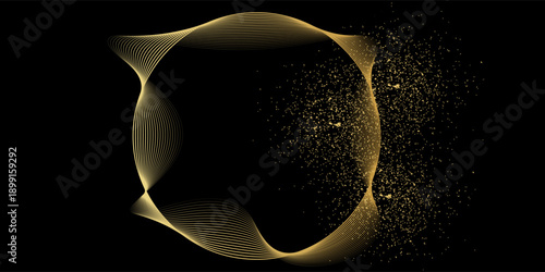 Abstract circle wave lines, gradient light equalizer gold wavy curve. Round frame in luxury golden color isolated on black background. Editable stroke. Vector illustration with copy space
