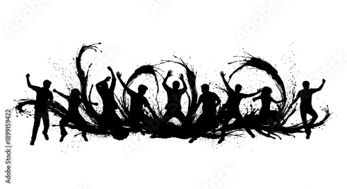 Silhouettes of people celebrating with paint splatters, expressing joy and energy.