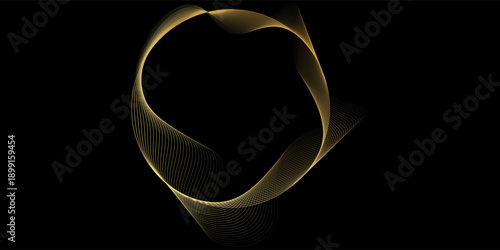 Abstract circle wave lines, gradient light equalizer gold wavy curve. Round frame in luxury golden color isolated on black background. Editable stroke. Vector illustration with copy space