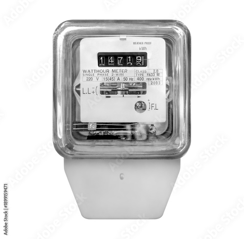 Front view the electric meter in front of the house is used to indicate the amount of electricity used in the household isolated on white background
