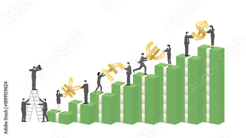 Boss leader with megaphone commanding business team to build global market expansion on banknote bar chart, leadership and corporate strategy