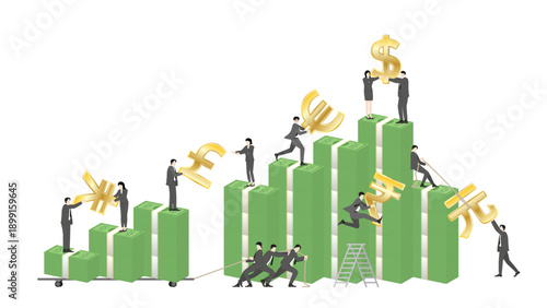 Business team working together to build global market expansion on banknote bar chart, international currency investment and teamwork concept