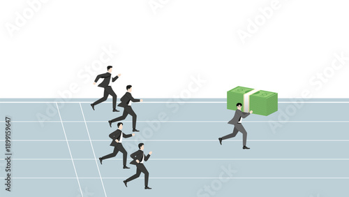 Businessman running on track carrying big money stack leading competitors, business success and financial competition concept