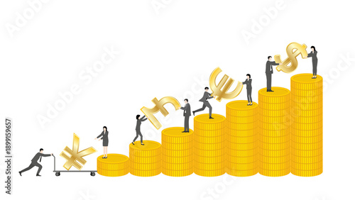 Business people organizing major currency symbols on rising gold coin bar chart, global market expansion and wealth accumulation concept
