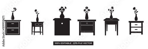 Vector Nightstand Illustrations with Floral Vases in Minimalist Style
