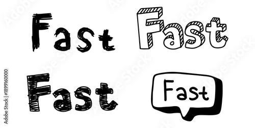 Set of doodle words fast vector for speed themes. Hand-drawn lettering for express delivery, racing, and quick service designs.