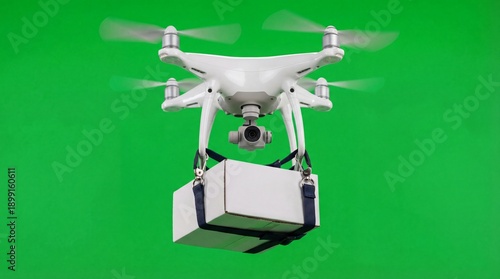 A drone carrying a large white box flies against a green background