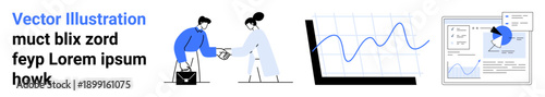 Business communication, analytics, teamwork, data presentation, financial tracking, planning. A handshake, line graph and pie chart visualization. Business interaction and analytics concept