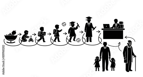 Human life cycle stages from infancy to old age and career progression.