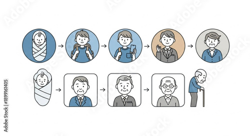 Human life cycle stages from infancy to old age depicted.