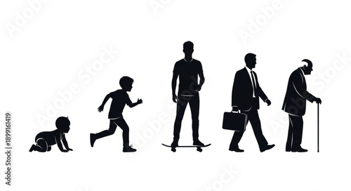 Human life cycle stages from infancy to old age depicted as silhouettes.