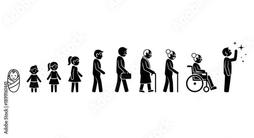 Human life cycle stages from infancy to old age depicted as silhouettes.