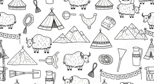 Yaks, Tents, Mountains, and Nature in Illustrations