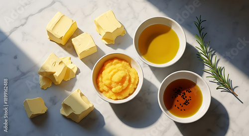 Wallpaper Mural Assorted Cooking Fats and Oils with Butter Cubes Ghee and Olive Oil on Marble Background Torontodigital.ca