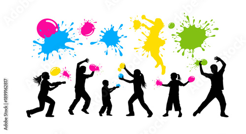 Silhouettes of people playing with colorful water balloons and paint splashes, celebrating a festive and joyful event.