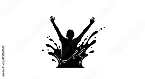 Silhouette of a person with raised hands splashing in water, symbolizing joy and freedom.