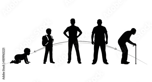 Human life cycle stages from infancy to old age silhouette.