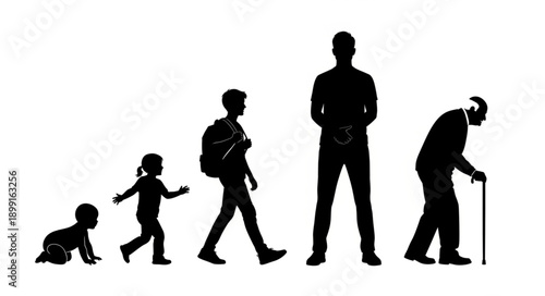 Human life cycle stages from infancy to old age silhouette.