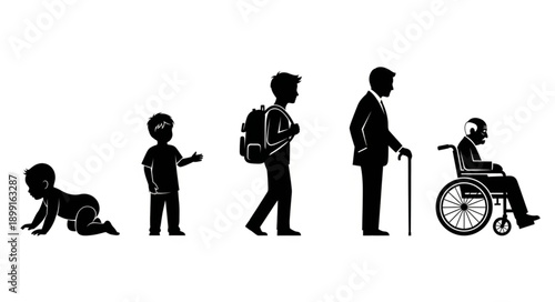 Human life cycle stages from infancy to old age silhouette.